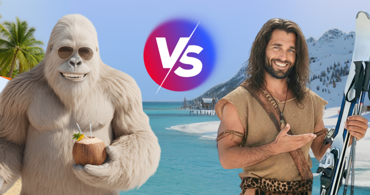 Hot vs cold scene with a yeti in a tropical place and a jungle hero with skis in snowy mountains