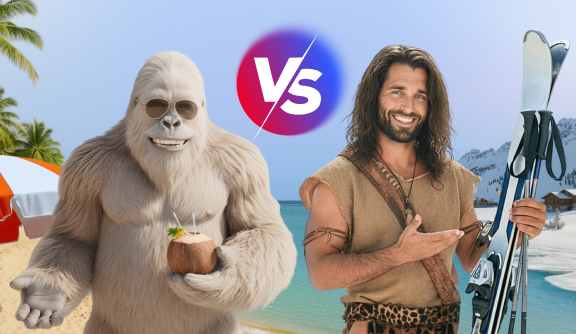 Hot vs cold scene with a yeti in a tropical place and a jungle hero with skis in snowy mountains