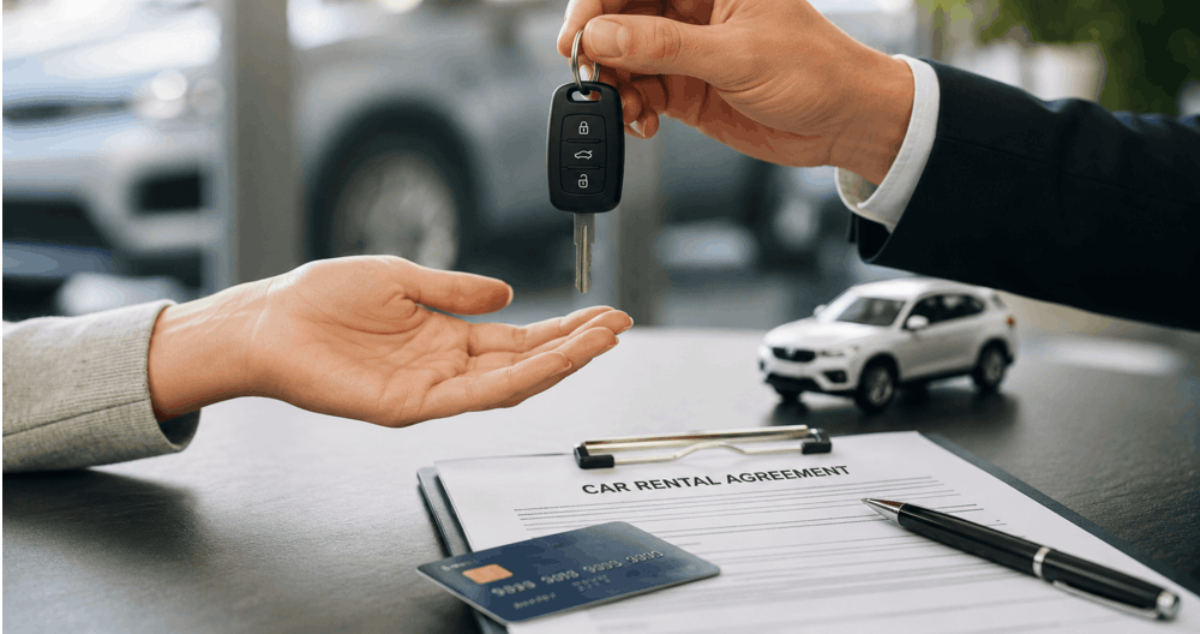 Car rental agreement, credit card, and car keys representing the security deposit required when collecting a rental vehicle