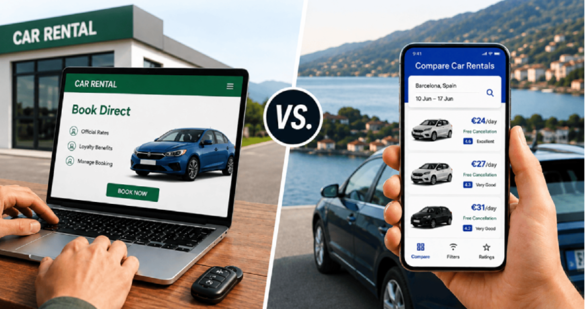 Direct car rental booking vs. car rental comparison platform showing prices, ratings and rental options.
