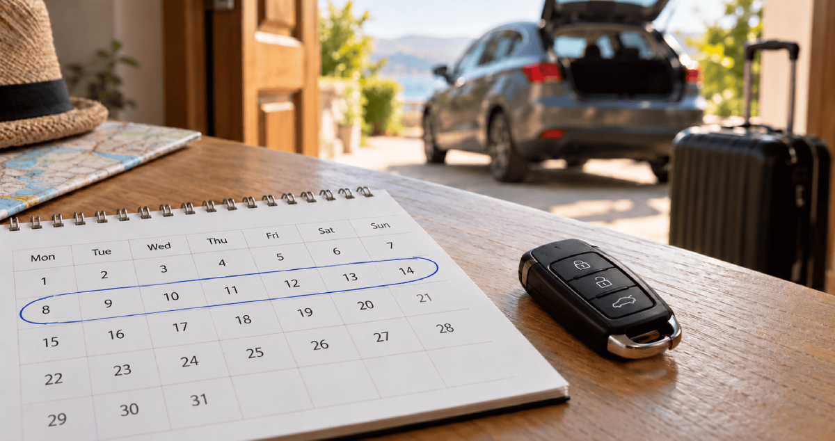 Calendar with marked trip dates and rental car in background
