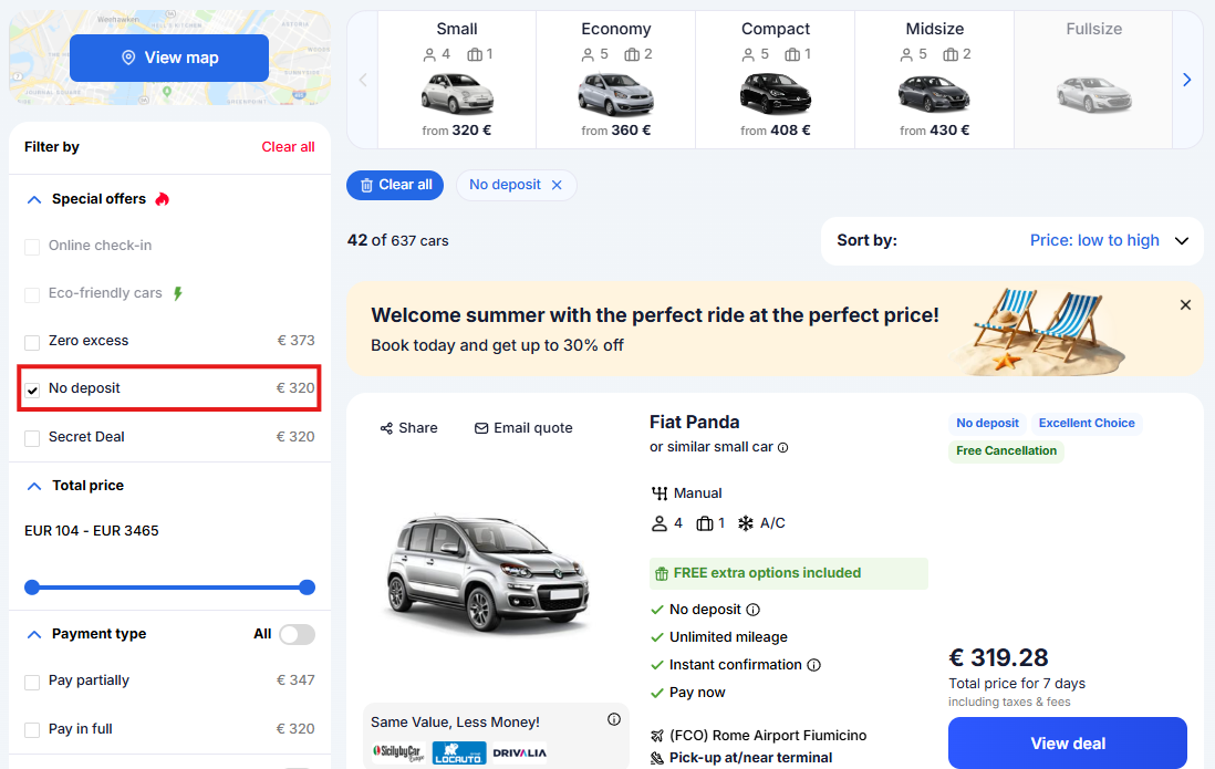 No deposit filter on EconomyBookings.com